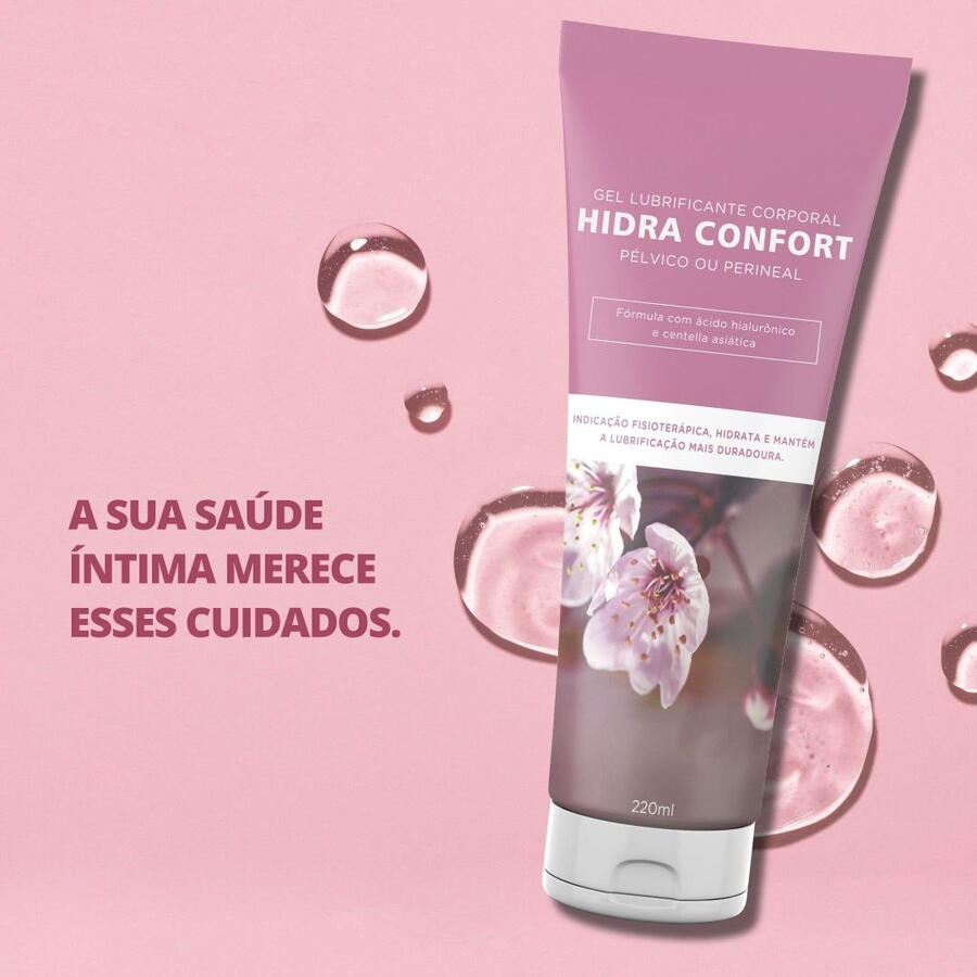 Foto do lubrificante íntimo Hidra Comfort da Dita’s Erotic Toys. Embalagem transparente com pump branco, sobre fundo claro. Produto leve, à base de água, ideal para mais conforto e suavidade.